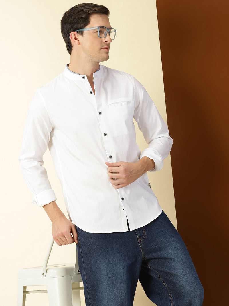 Thomas Scott Men White Cricket Club Collection Slim Fit Long Sleeves Band Collar Cotton Casual Shirt