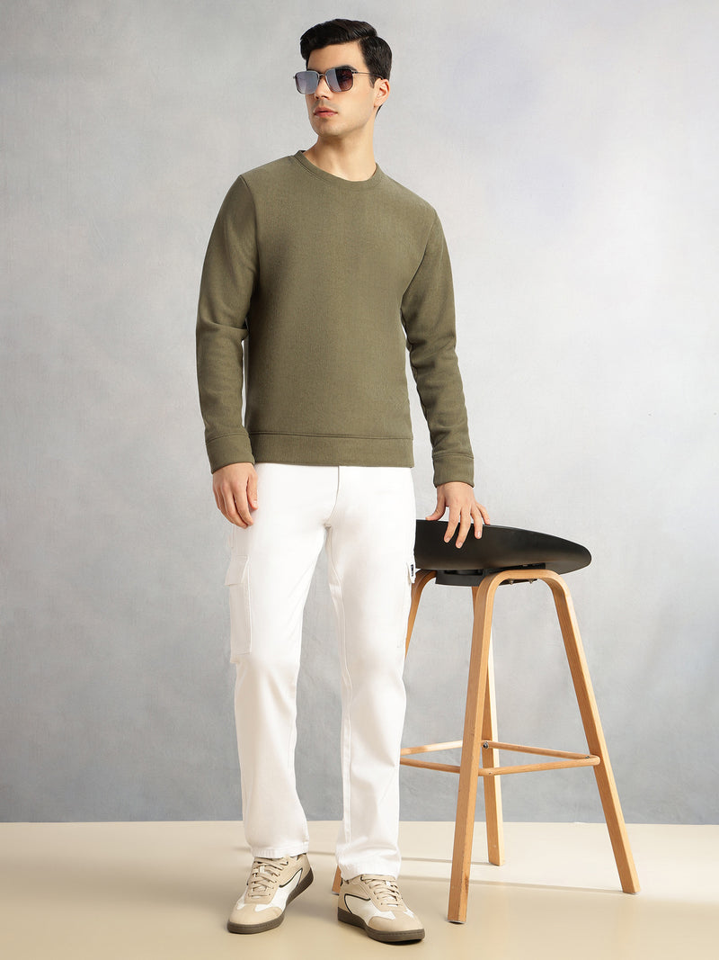 Thomas Scott Men Olive Regular Fit Long Sleeves Round Neck Solid Polyester Pullover Sweatshirt