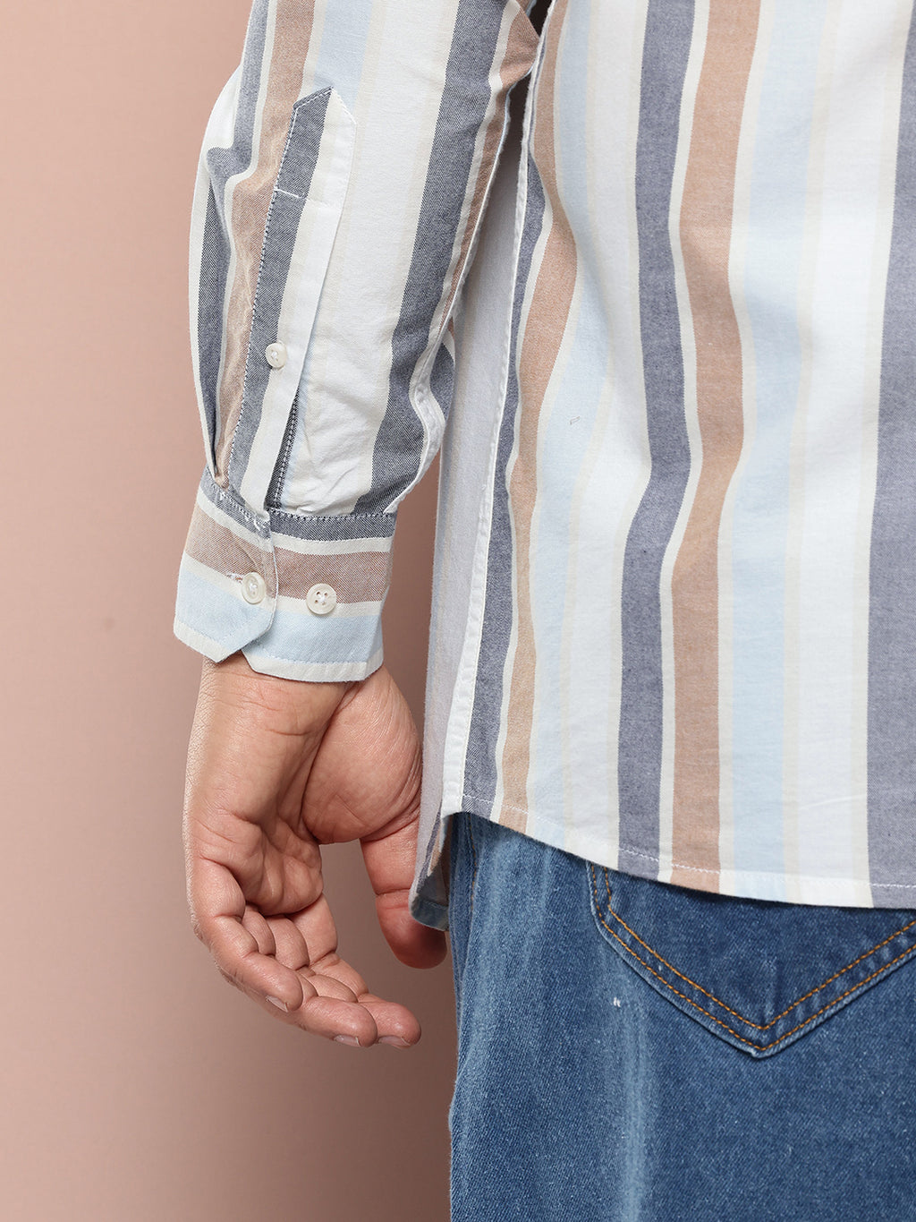 Thomas Scott Men White Plus Size Cricket Club Collections Long Sleeves Button Down Collar Multi Stripes Oxford Casual Shirt