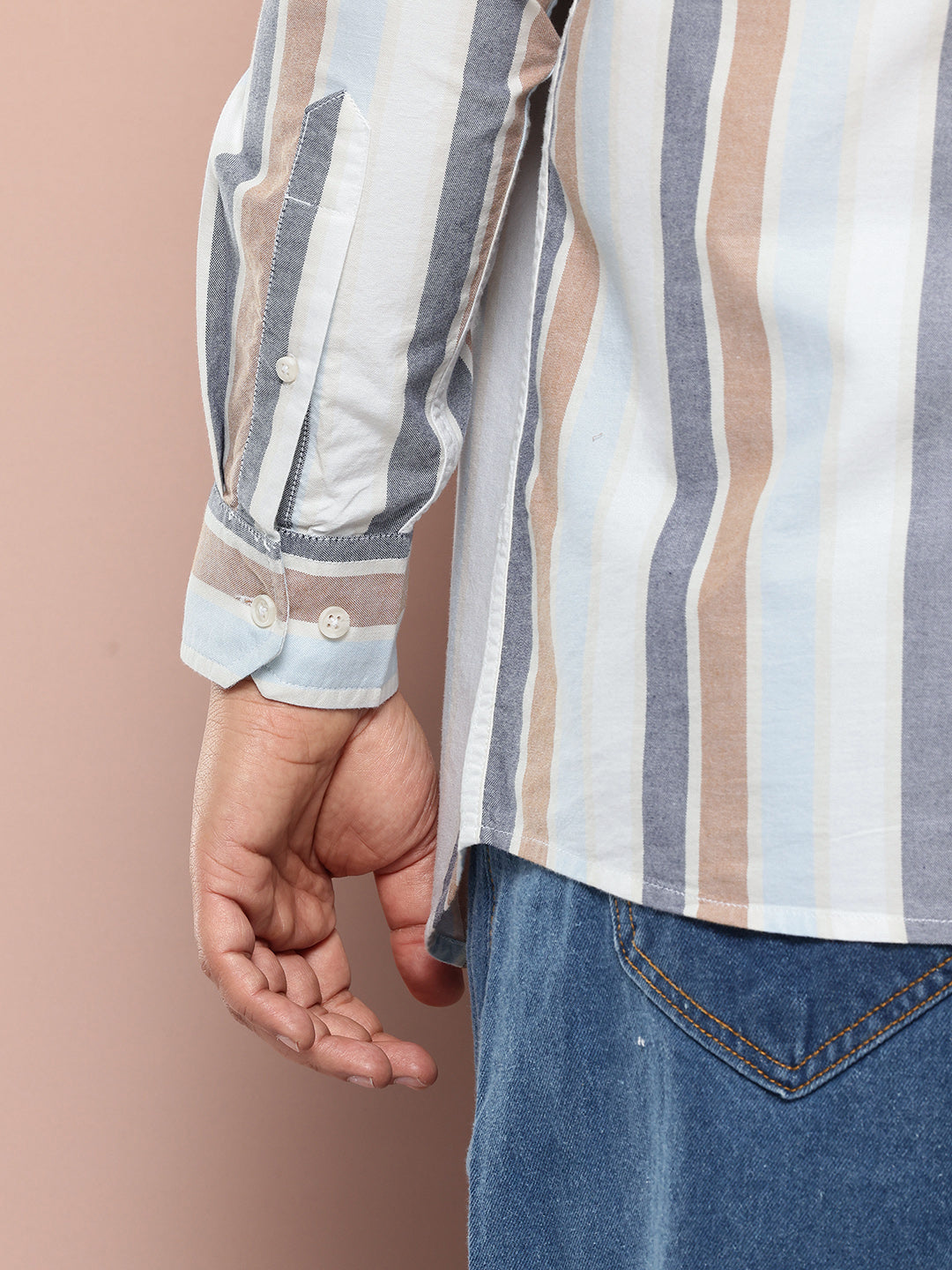 Thomas Scott Men White Plus Size Cricket Club Collections Long Sleeves Button Down Collar Multi Stripes Oxford Casual Shirt