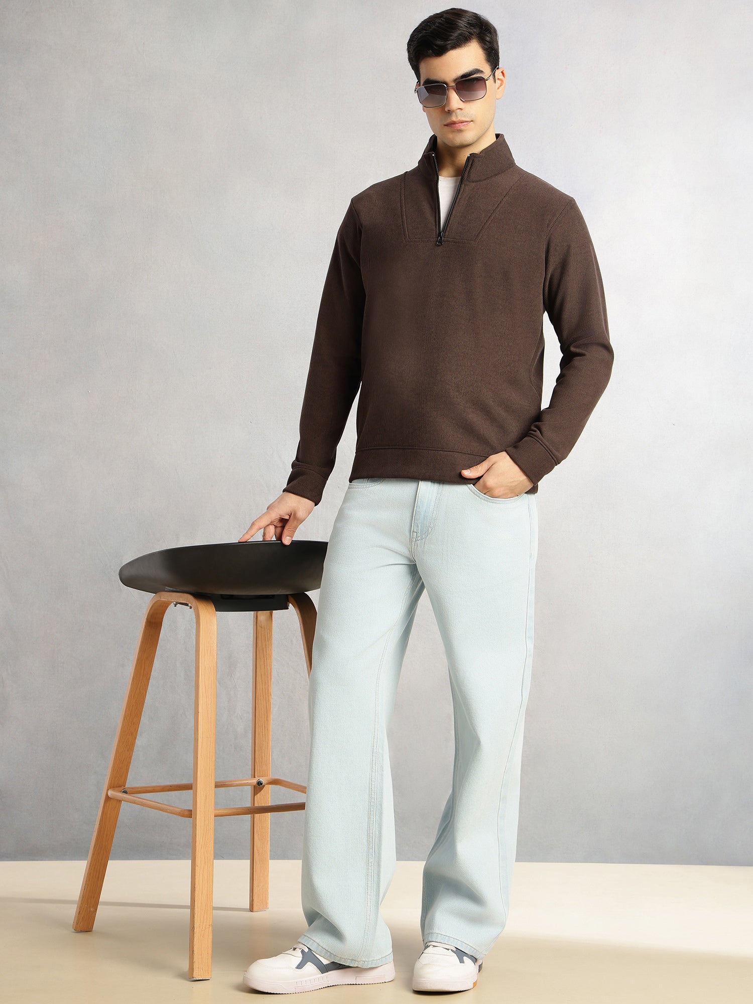 Thomas Scott Men Brown Regular Fit Long Sleeves Mock Neck Half-Zip Solid Polyester Knitted Sweatshirt