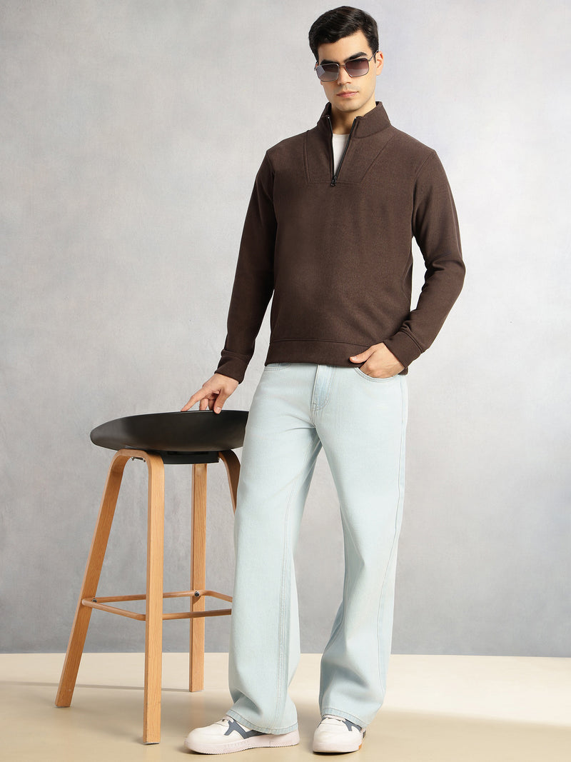 Thomas Scott Men Brown Regular Fit Long Sleeves Mock Neck Half-Zip Solid Polyester Knitted Sweatshirt