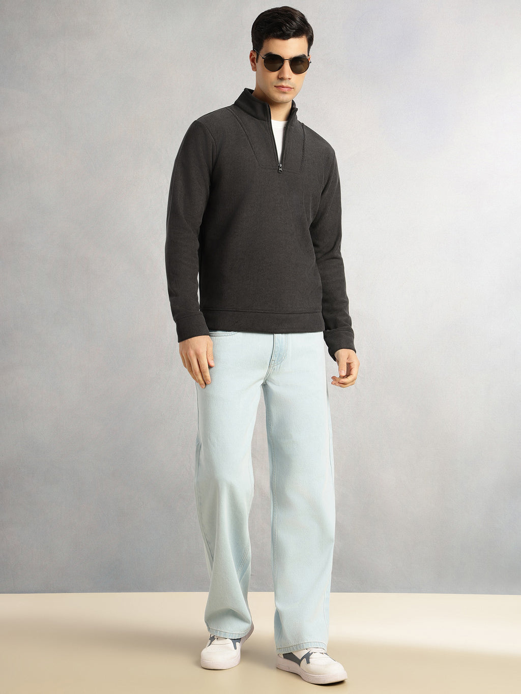 Thomas Scott Men Grey Regular Fit Long Sleeves Mock Neck Half-Zip Solid Polyester Knitted Sweatshirt