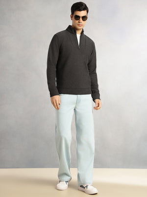 Thomas Scott Men Grey Regular Fit Long Sleeves Mock Neck Half-Zip Solid Polyester Knitted Sweatshirt