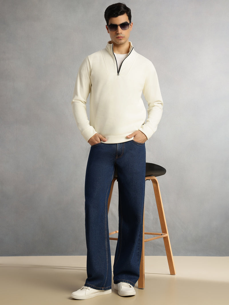 Thomas Scott Men White Regular Fit Long Sleeves Mock Neck Half-Zip Solid Polyester Knitted Sweatshirt