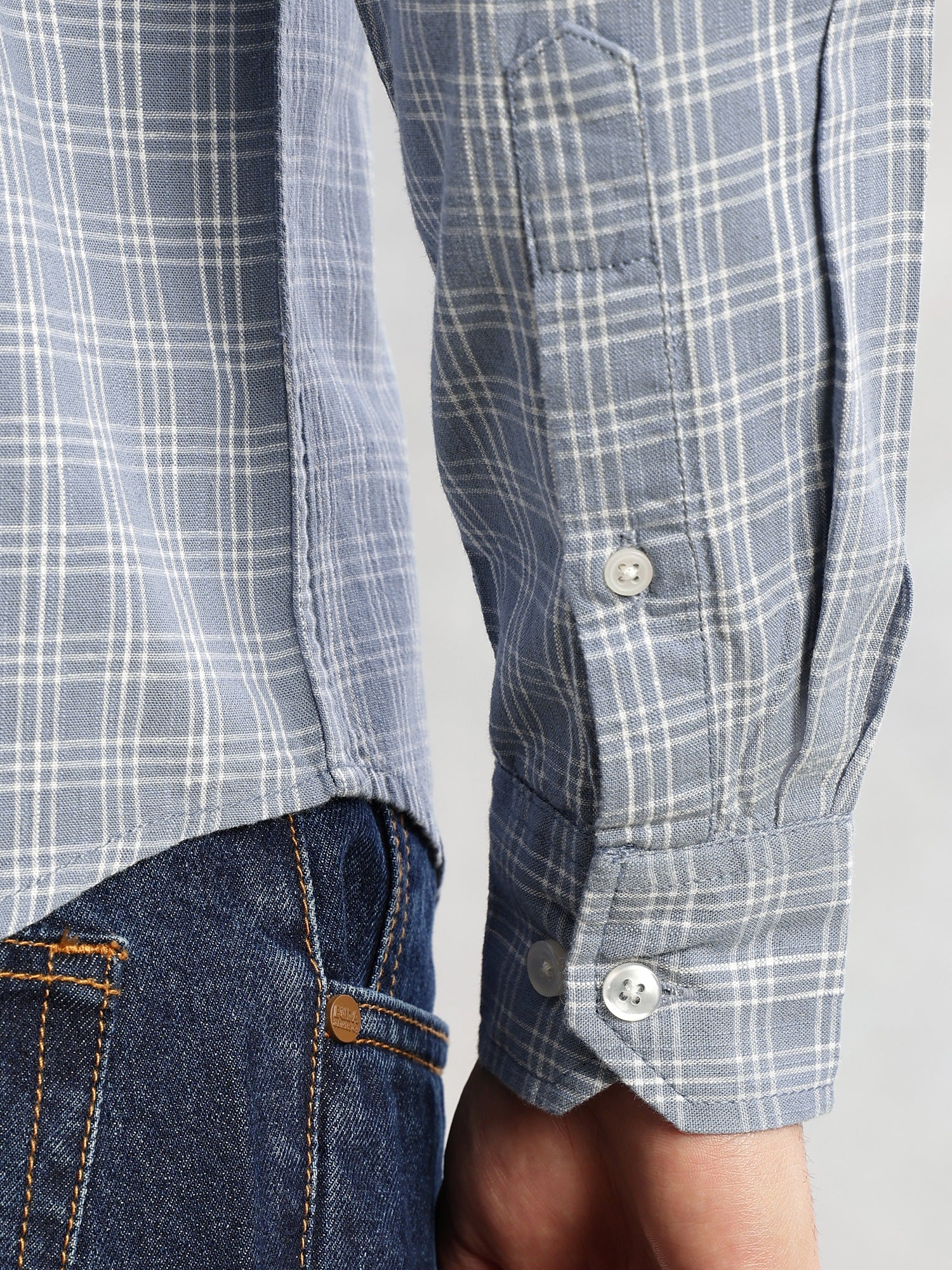 Thomas Scott Men Blue Slim Fit Long Sleeves Spread Collar Tartan Checks Cotton Linen Casual Shirt