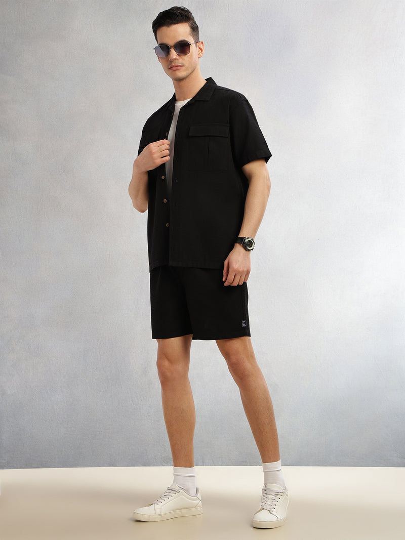 Thomas Scott Men Black Cricket Club Collection Oversized Fit Short Sleeves Textured Cotton Casual Shirt