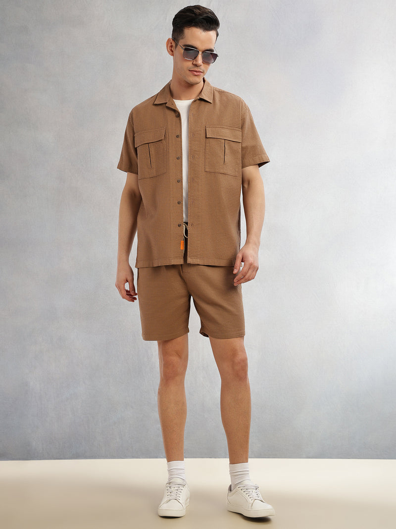 Thomas Scott Men Brown Cricket Club Collection Oversized Fit Short Sleeves Textured Cotton Casual Shirt
