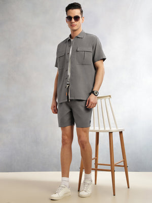 Thomas Scott Men Grey Cricket Club Collection Oversized Fit Short Sleeves Textured Cotton Casual Shirt