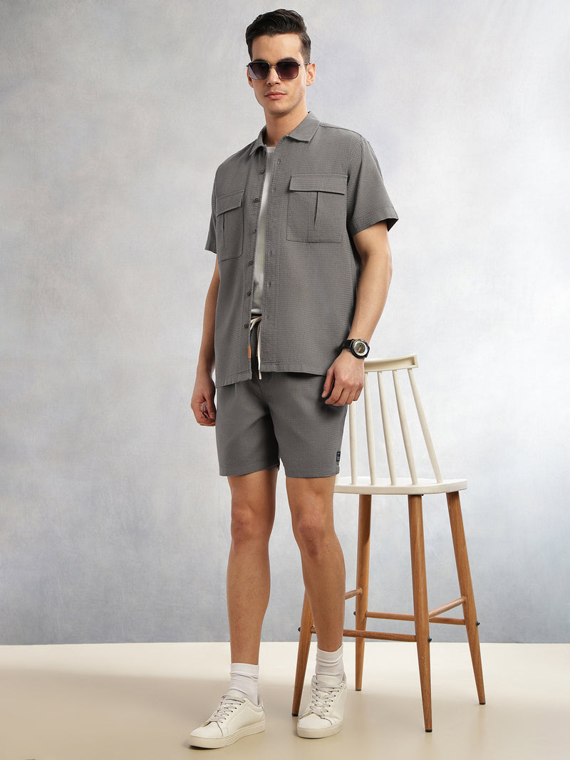 Thomas Scott Men Grey Cricket Club Collection Oversized Fit Short Sleeves Textured Cotton Casual Shirt
