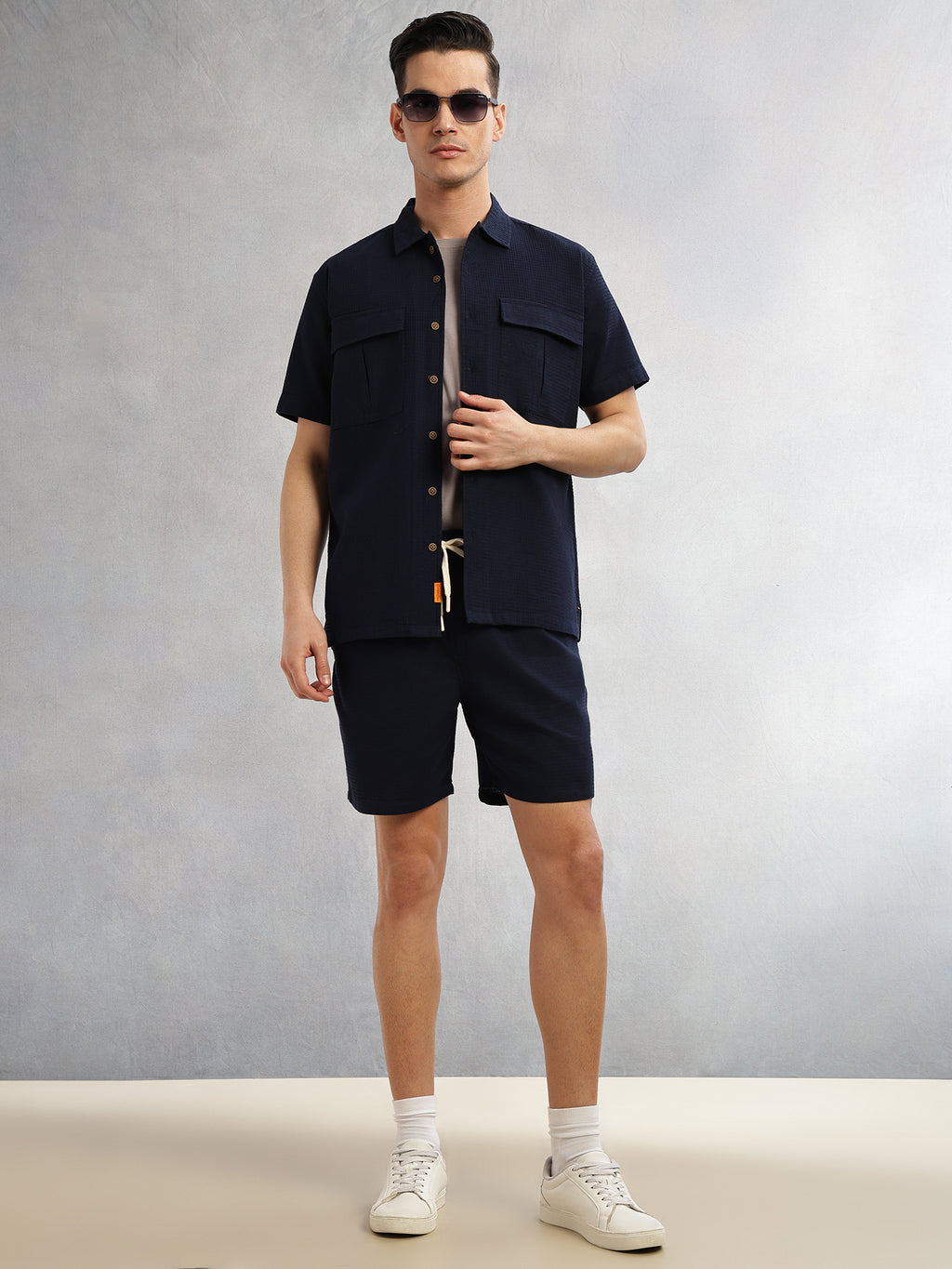 Thomas Scott Men Navy Cricket Club Collection Oversized Fit Short Sleeves Textured Cotton Casual Shirt