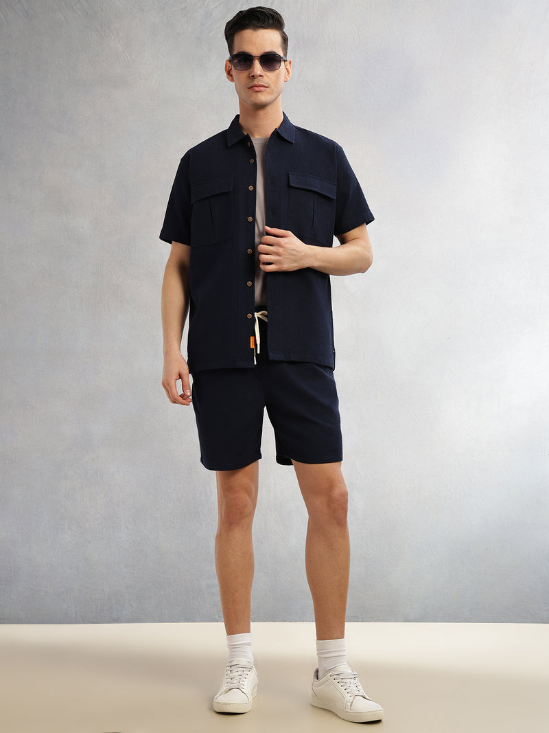 Thomas Scott Men Navy Cricket Club Collection Oversized Fit Short Sleeves Textured Cotton Casual Shirt