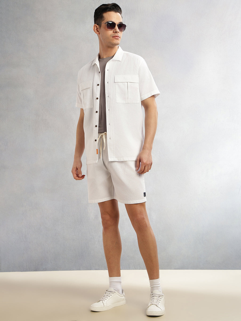 Thomas Scott Men White Cricket Club Collection Oversized Fit Short Sleeves Textured Cotton Casual Shirt