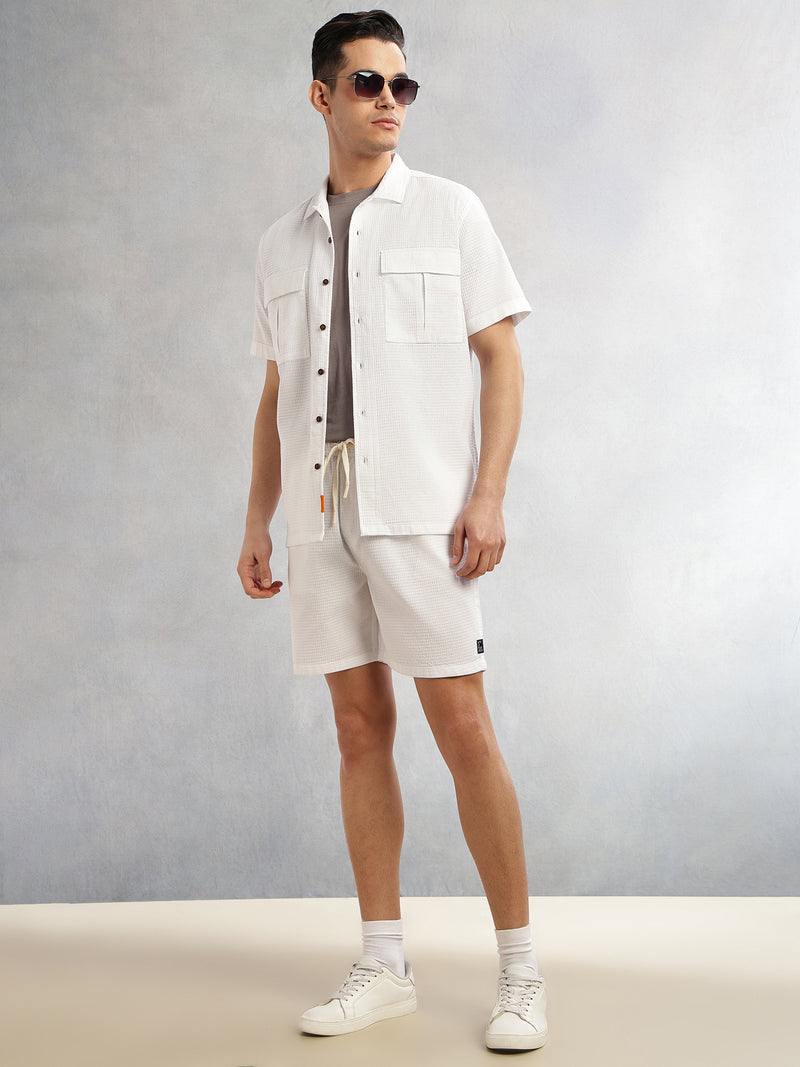 Thomas Scott Men White Cricket Club Collection Oversized Fit Short Sleeves Textured Cotton Casual Shirt