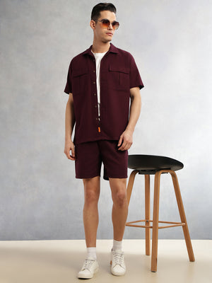 Thomas Scott Men Wine Cricket Club Collection Oversized Fit Short Sleeves Textured Cotton Casual Shirt