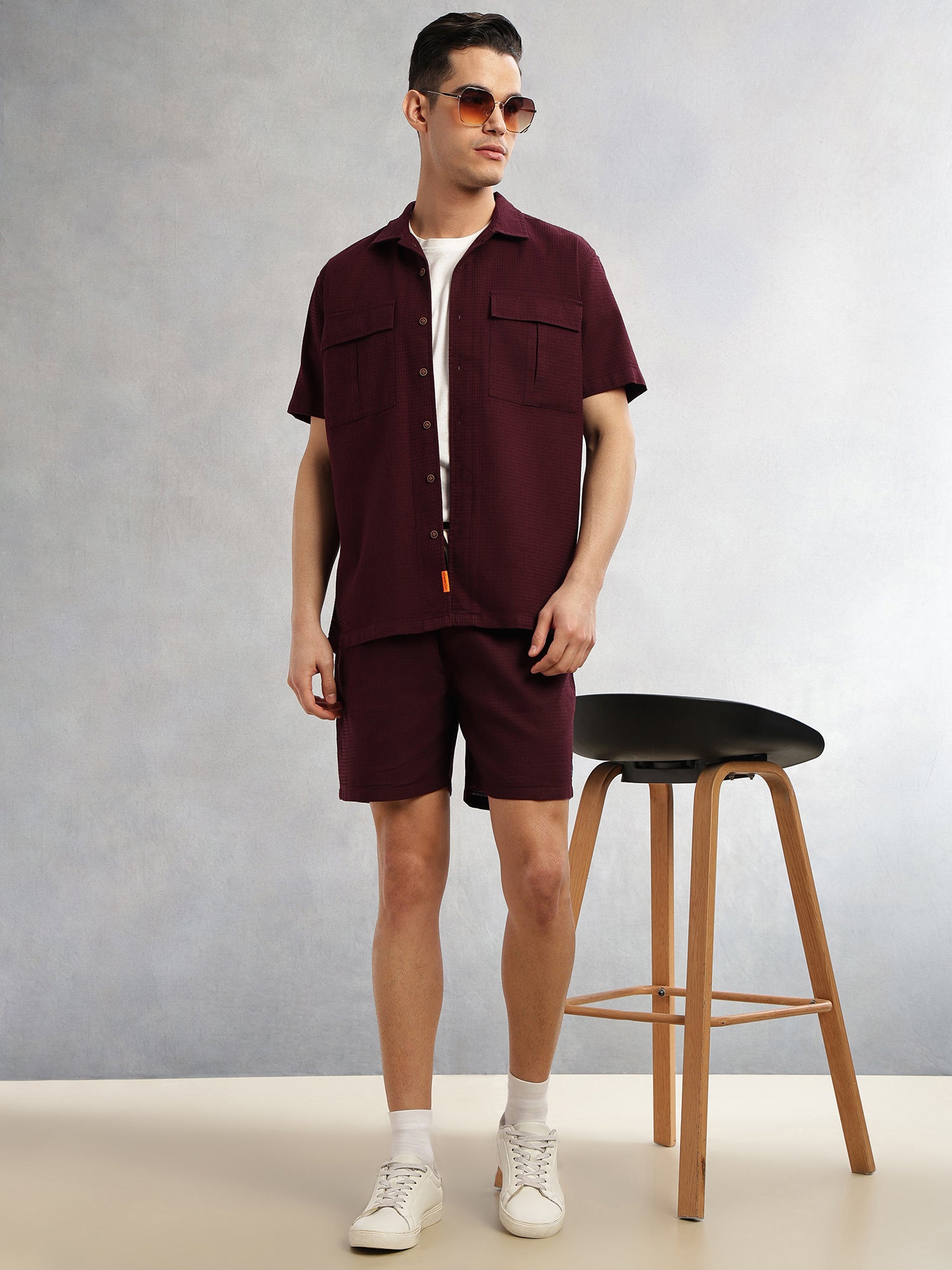 Thomas Scott Men Wine Cricket Club Collection Oversized Fit Short Sleeves Textured Cotton Casual Shirt