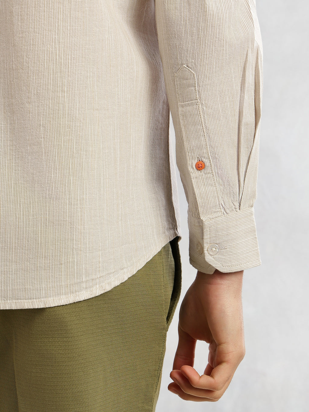 Thomas Scott Men Beige Cricket Club Collection Slim Fit Long Sleeves Spread Collar Pinstripe Cotton Linen Casual Shirt