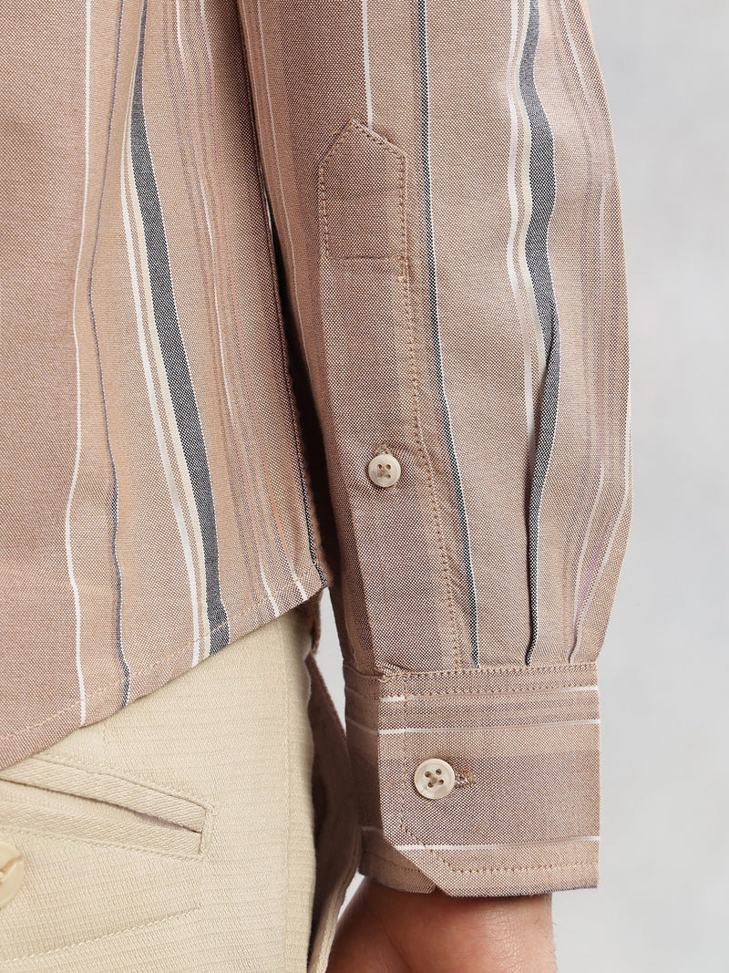 Thomas Scott Men Beige Cricket Club Collection Slim Fit Long Sleeves Button-Down Collar Multi Stripe Cotton Casual Shirt