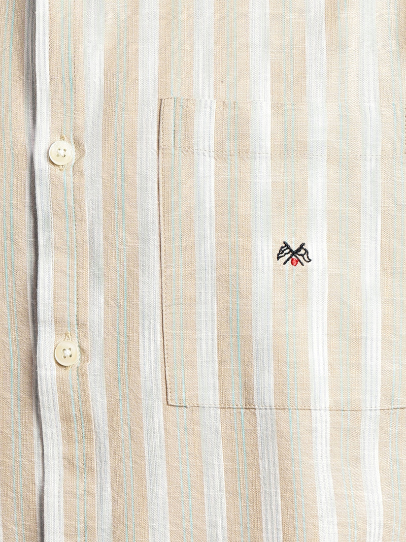 Thomas Scott Men Beige Slim Fit Cotton Linen Vertical Stripes Casual Shirt with Spread Collar & Short Sleeves