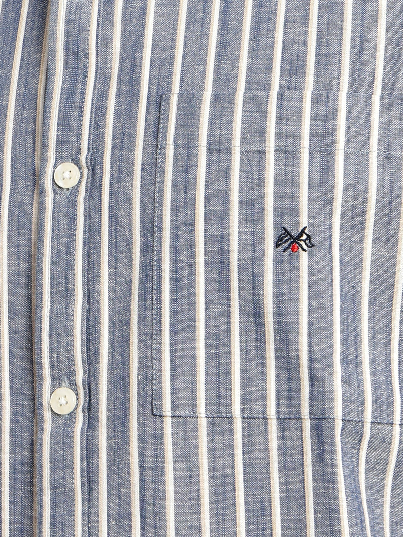 Thomas Scott Men Blue Slim Fit Cotton Linen Vertical Stripes Casual Shirt with Spread Collar & Short Sleeves