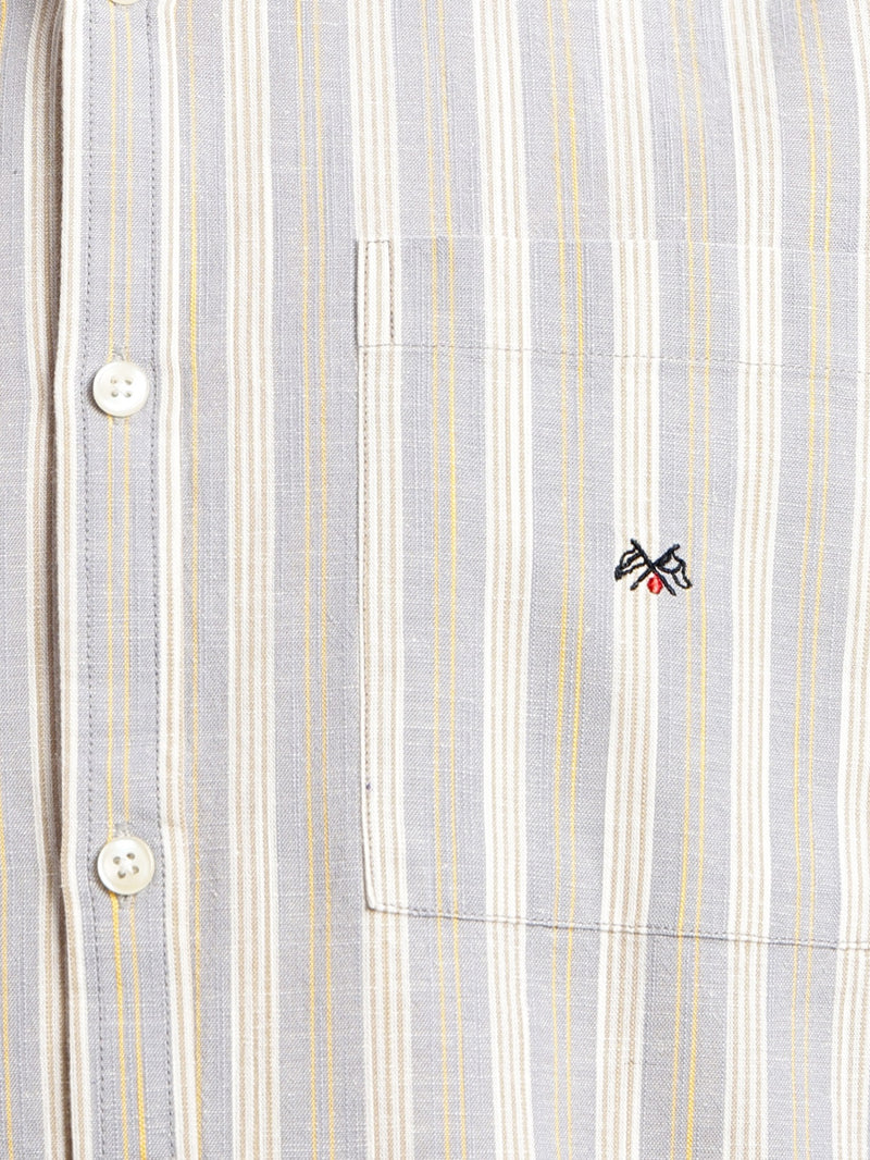 Thomas Scott Men Mid Blue Slim Fit Cotton Linen Vertical Stripes Casual Shirt with Spread Collar & Short Sleeves