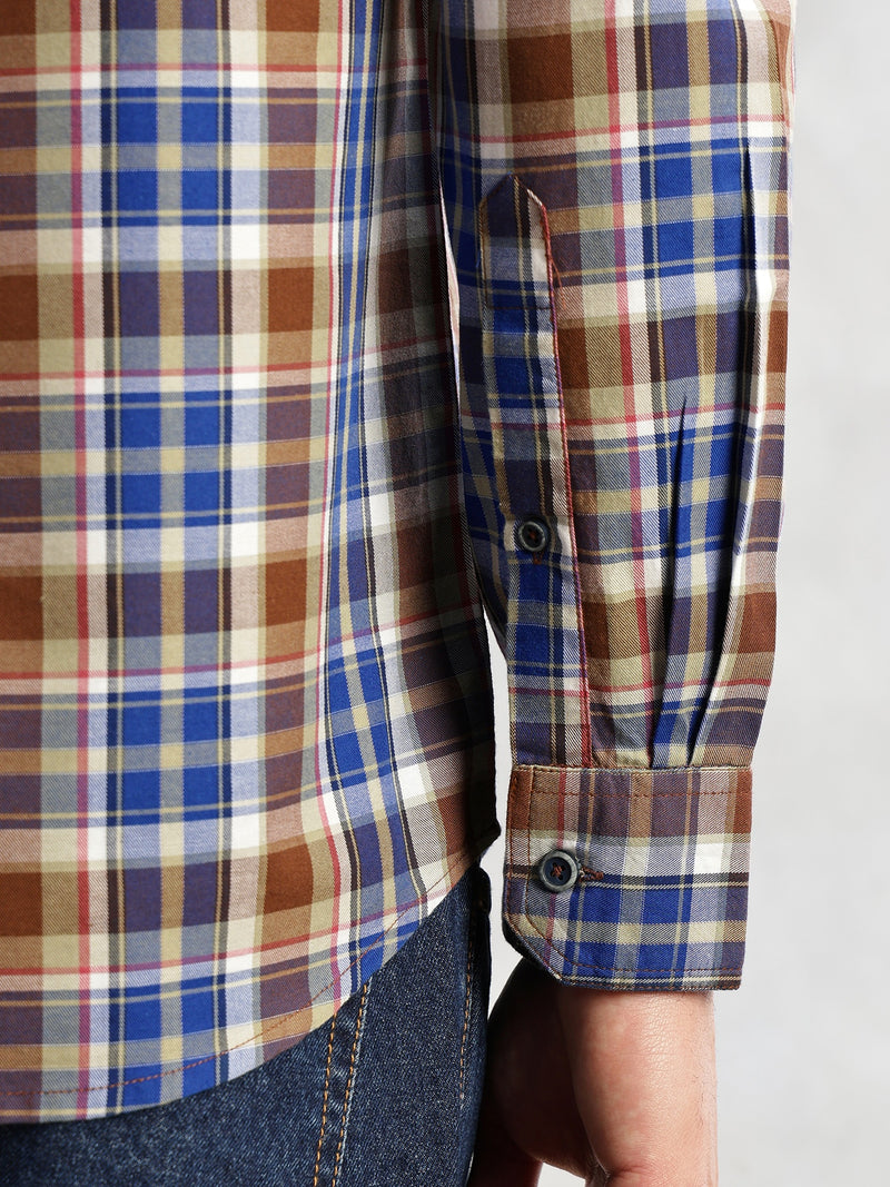 Thomas Scott Men Blue Slim Fit Long Sleeves Spread Collar Tartan Check 100% Cotton Casual Shirt