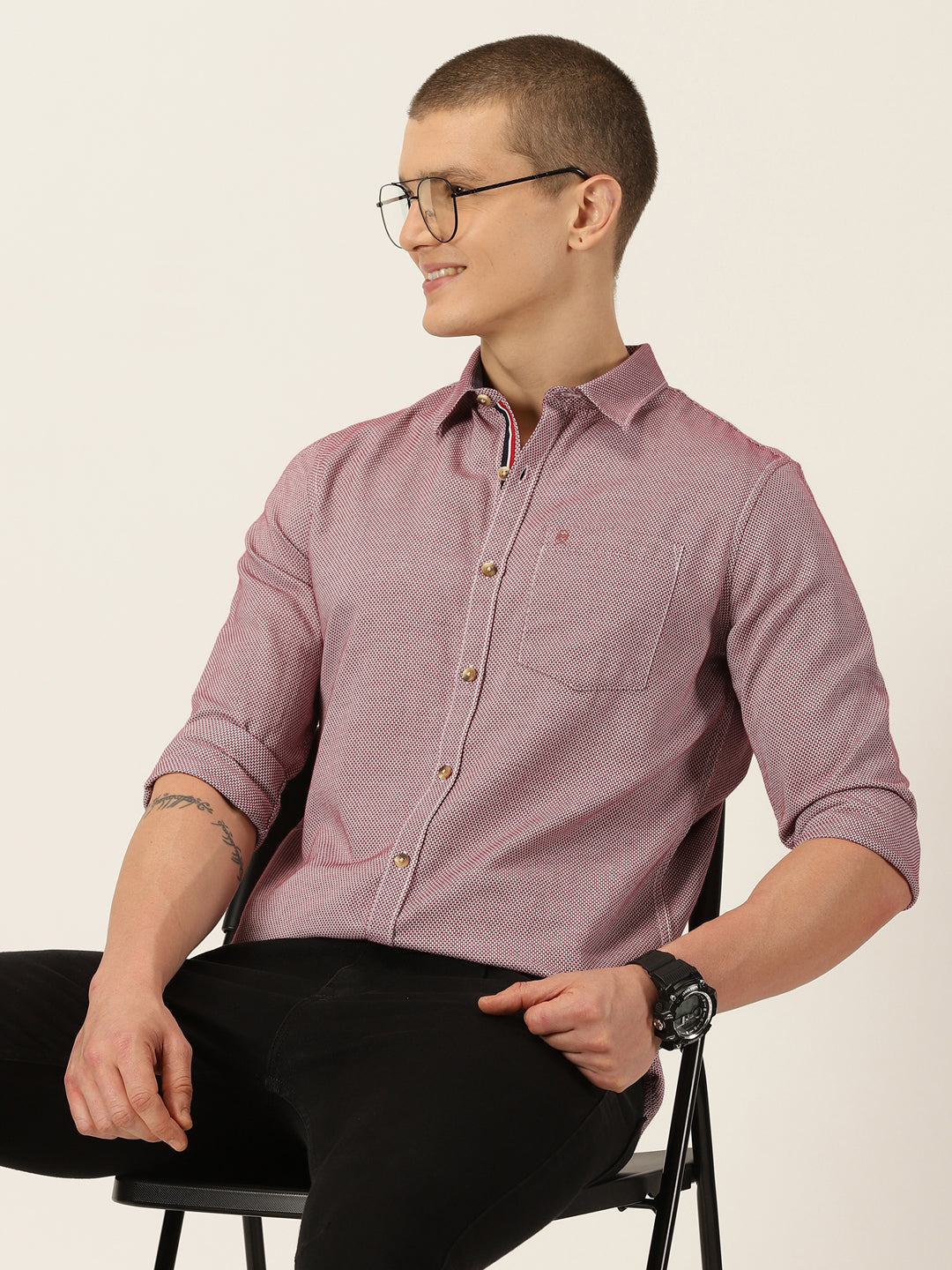 Thomas Scott Men Maroon Slim Fit Long Sleeves Spread Collar Graphic Checks Cotton Casual Shirt