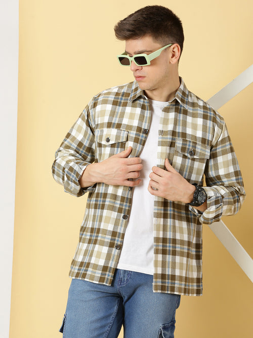 Thomas Scott Men Beige Regular Fit Long Sleeves Spread Collar Tartan Checks Casual Shacket