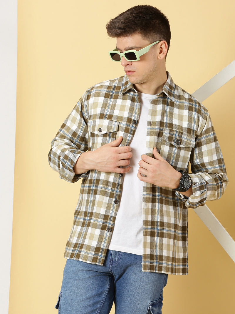 Thomas Scott Men Beige Regular Fit Long Sleeves Spread Collar Tartan Checks Casual Shacket