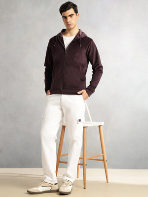 Thomas Scott Men Burgundy Regular Fit Long Sleeves Kangaroo Pocket Polyester Hoodie Sweatshirt