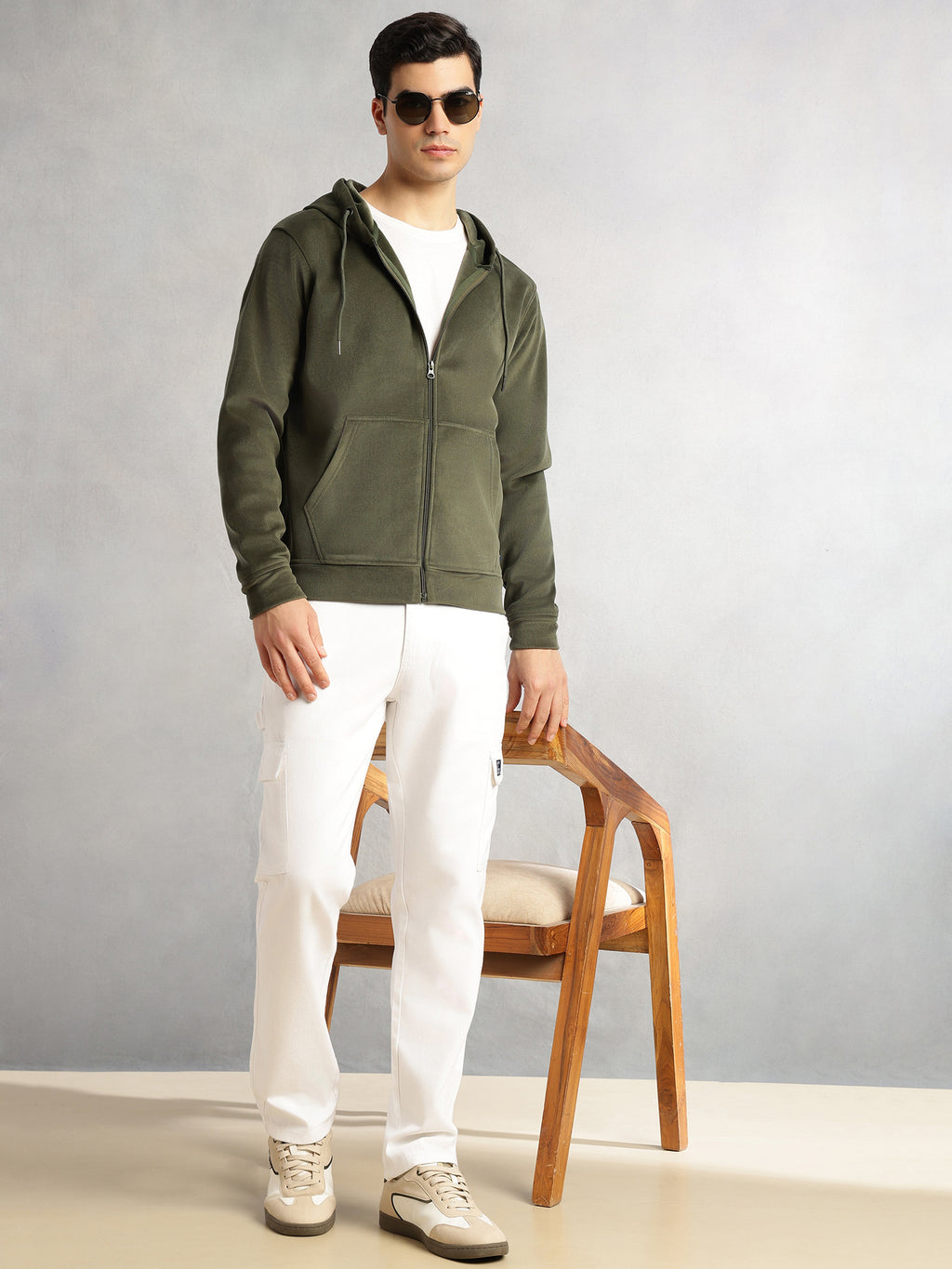 Thomas Scott Men Olive Regular Fit Long Sleeves Kangaroo Pocket Polyester Hoodie Sweatshirt