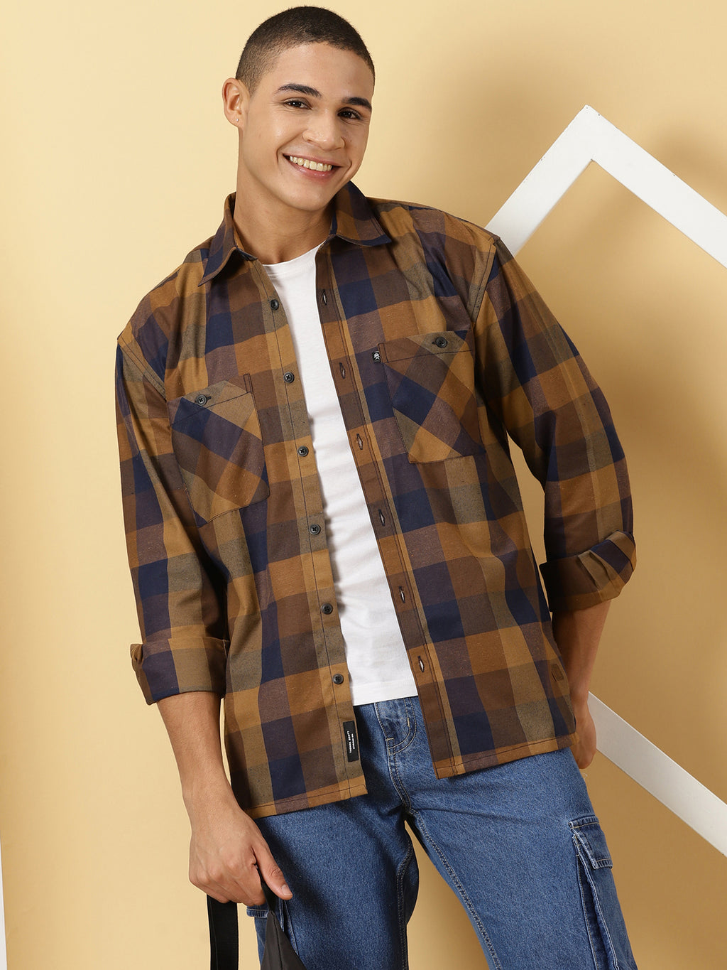 Thomas Scott Men Brown Oversized Long Sleeves Spread Collar Buffalo Checks Flannel Casual Shirt