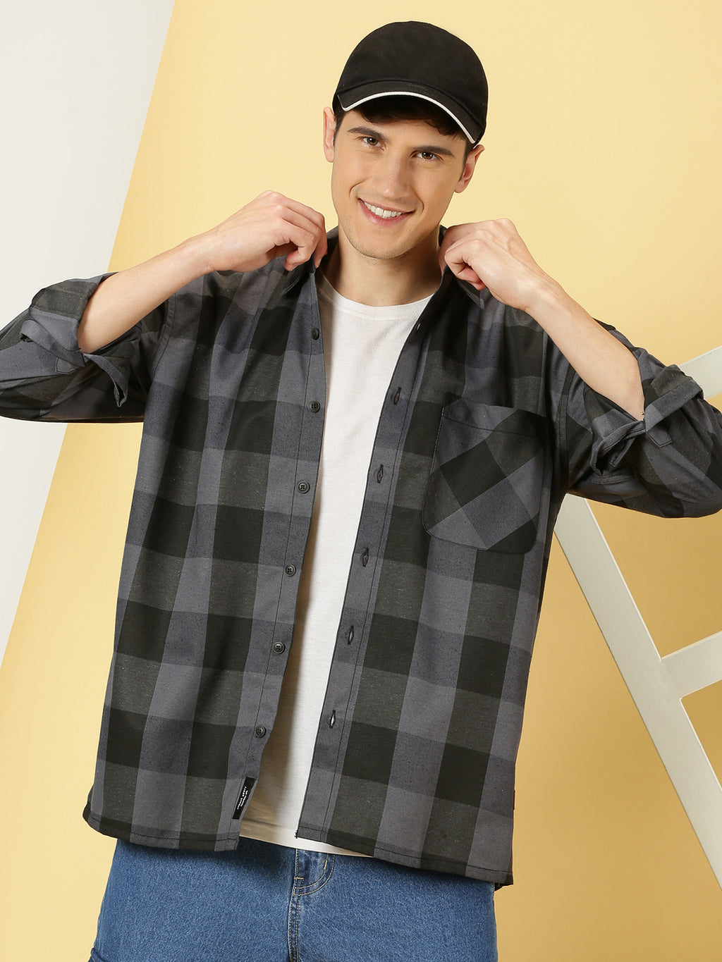 Thomas Scott Men Grey Oversized Long Sleeves Spread Collar Buffalo Checks Knitted Casual Shacket