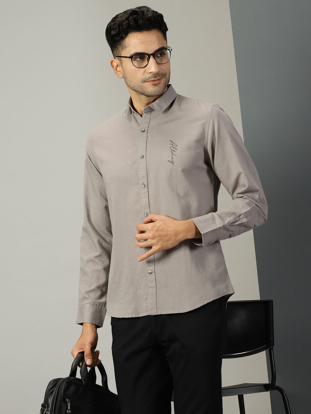 Thomas Scott Men Grey Regular Fit Long Sleeves Spread Collar Solid Cotton Linen Casual Shirt