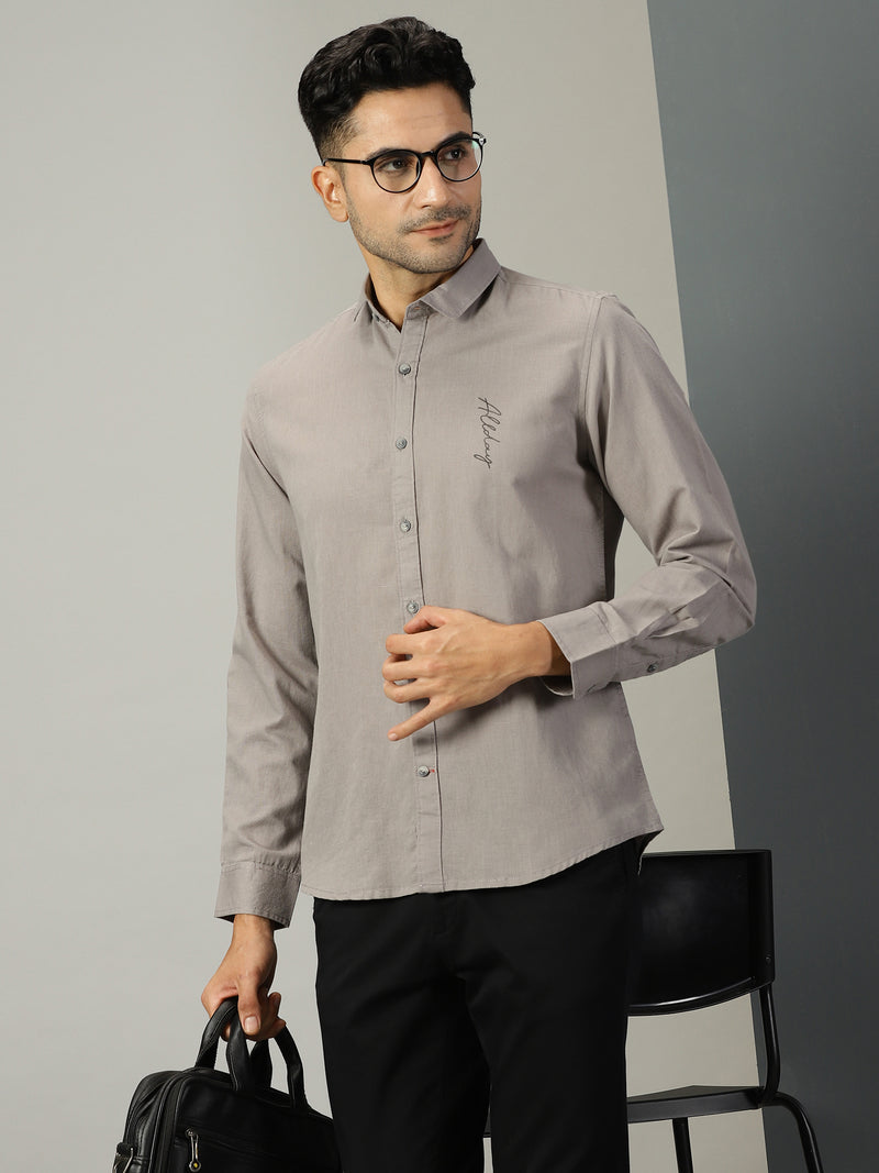Thomas Scott Men Grey Regular Fit Long Sleeves Spread Collar Solid Cotton Linen Casual Shirt