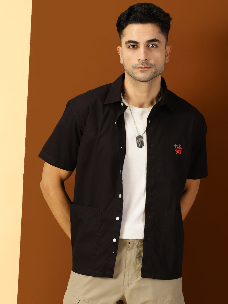 Thomas Scott Men Black Short Sleeves Boxy Fit Spread Collar Solid 100% Cotton Casual Shirt