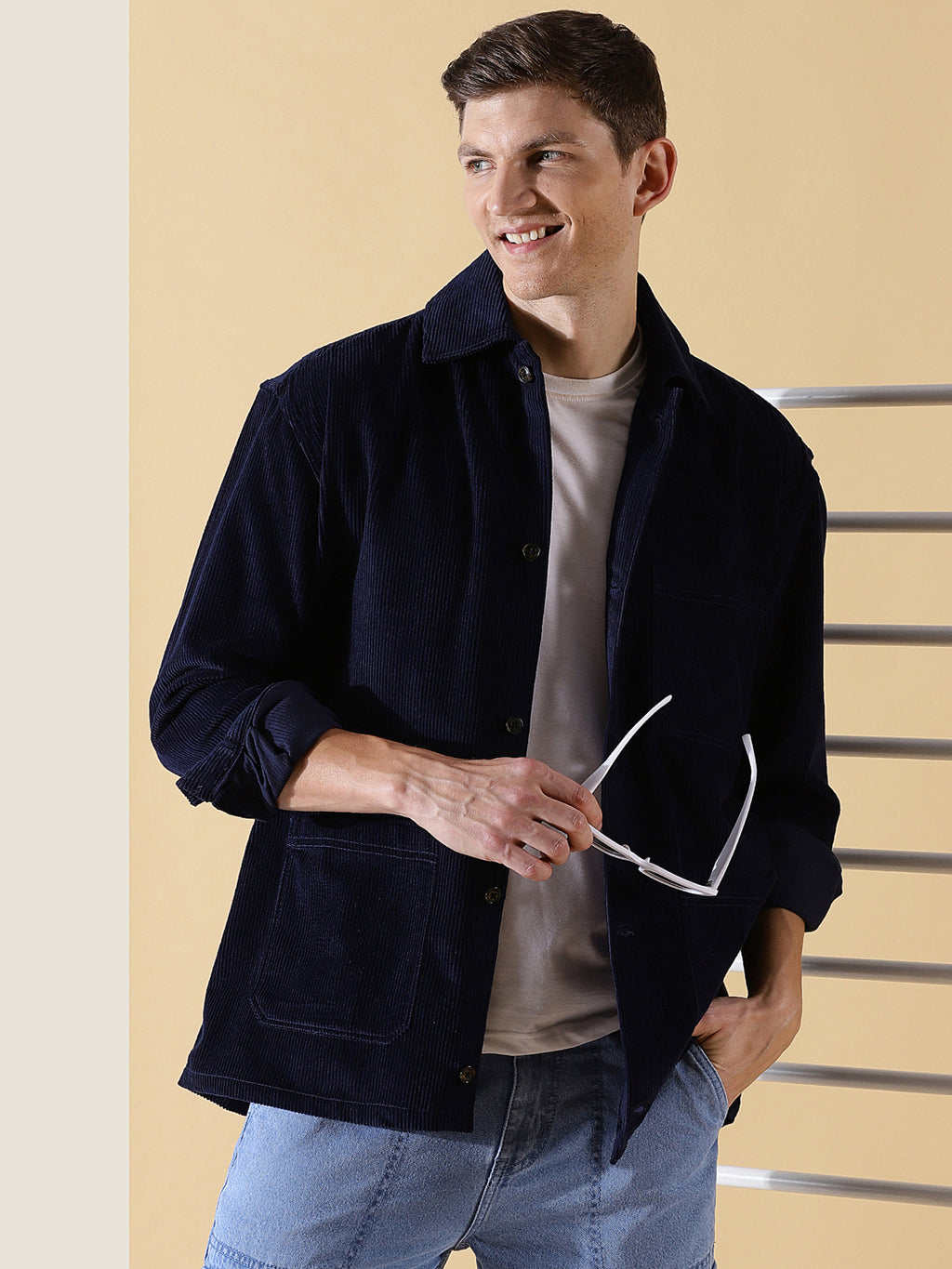 Thomas Scott Men Navy Long Sleeves Regular Fit Spread Collar 100% Cotton Knitted Corduroy Shirt