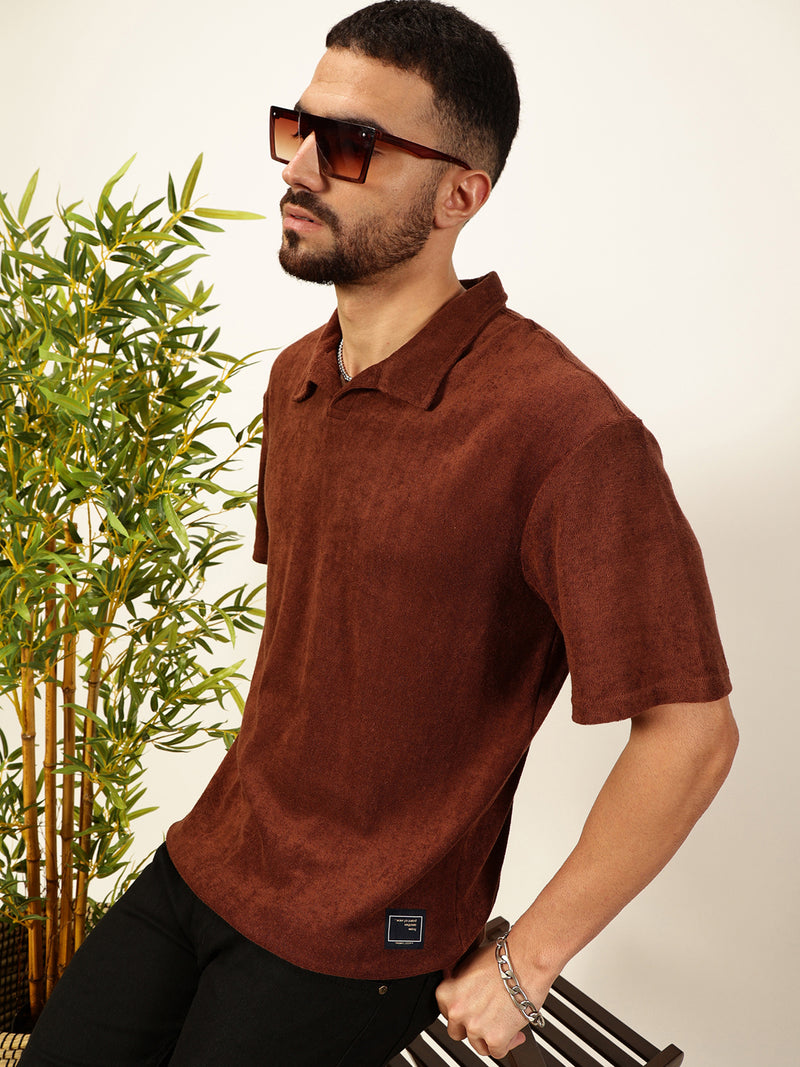 Thomas Scott Men Coffee Brown Towel Terry Short Sleeves Relaxed Fit Textured Polo Collar Knitted T-shirt