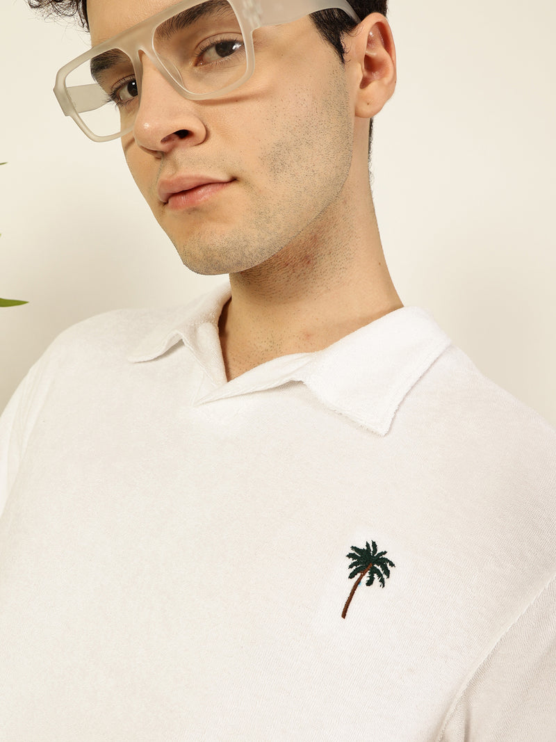 Thomas Scott Men White Relaxed Fit Short Sleeves Solid Polo Collar Knitted T-Shirt