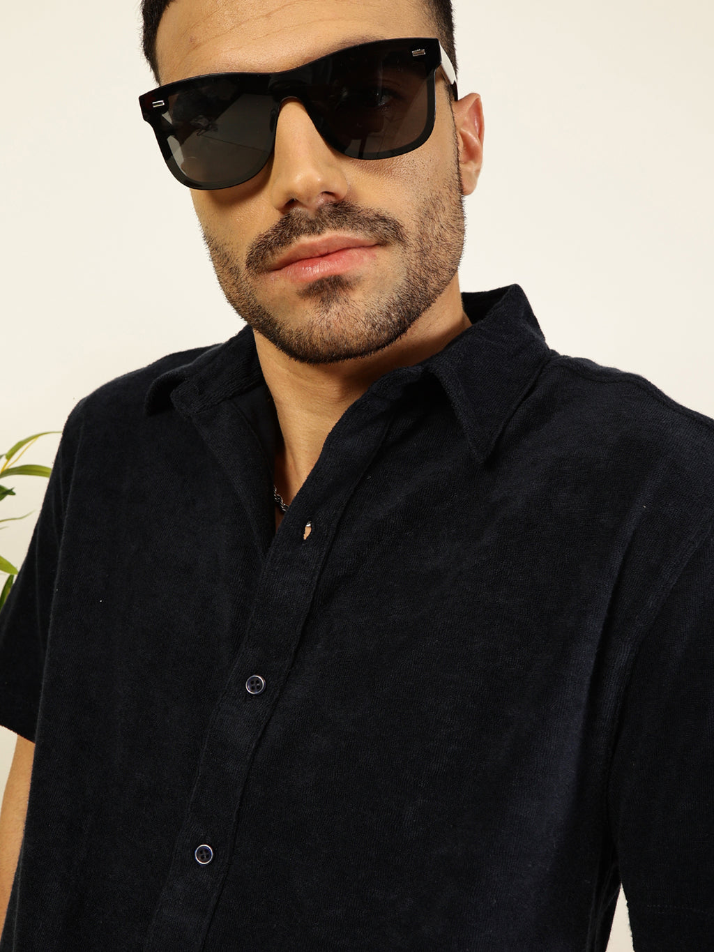 Thomas Scott Men Navy Blue Relaxed Fit Terry Towel Short Sleeves Relaxed Fit Spread Collar Knitted Shirt