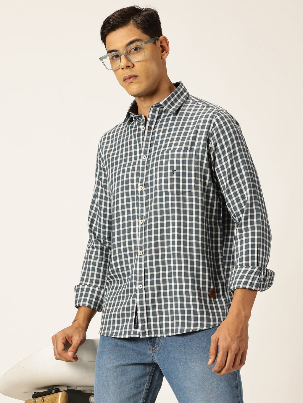 Thomas Scott Men Grey Slim Fit Long Sleeves Gingham Checks Spread Collar 100% Cotton Oxford Casual Shirt
