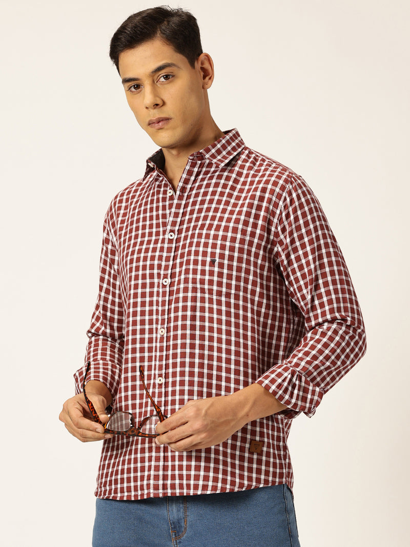 Thomas Scott Men Red Slim Fit Long Sleeves Spread Collar Gingham Checked 100% Cotton Oxford Casual Shirt