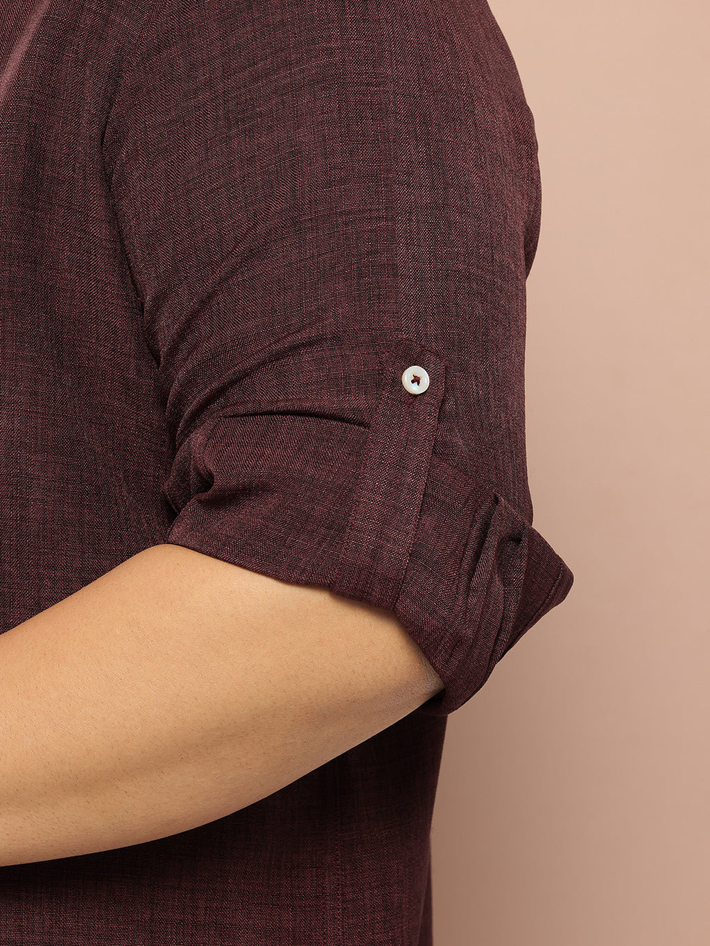 Thomas Scott Men Wine Plus Size Regular Fit Long Roll-Up Sleeves Button-Down Collar Solid Casual Shirt