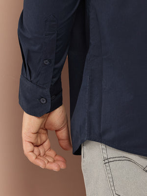 Navy Plus Size Regular Fit Long Sleeves Spread Collar Solid 100% Cotton Casual Shirt For Men
