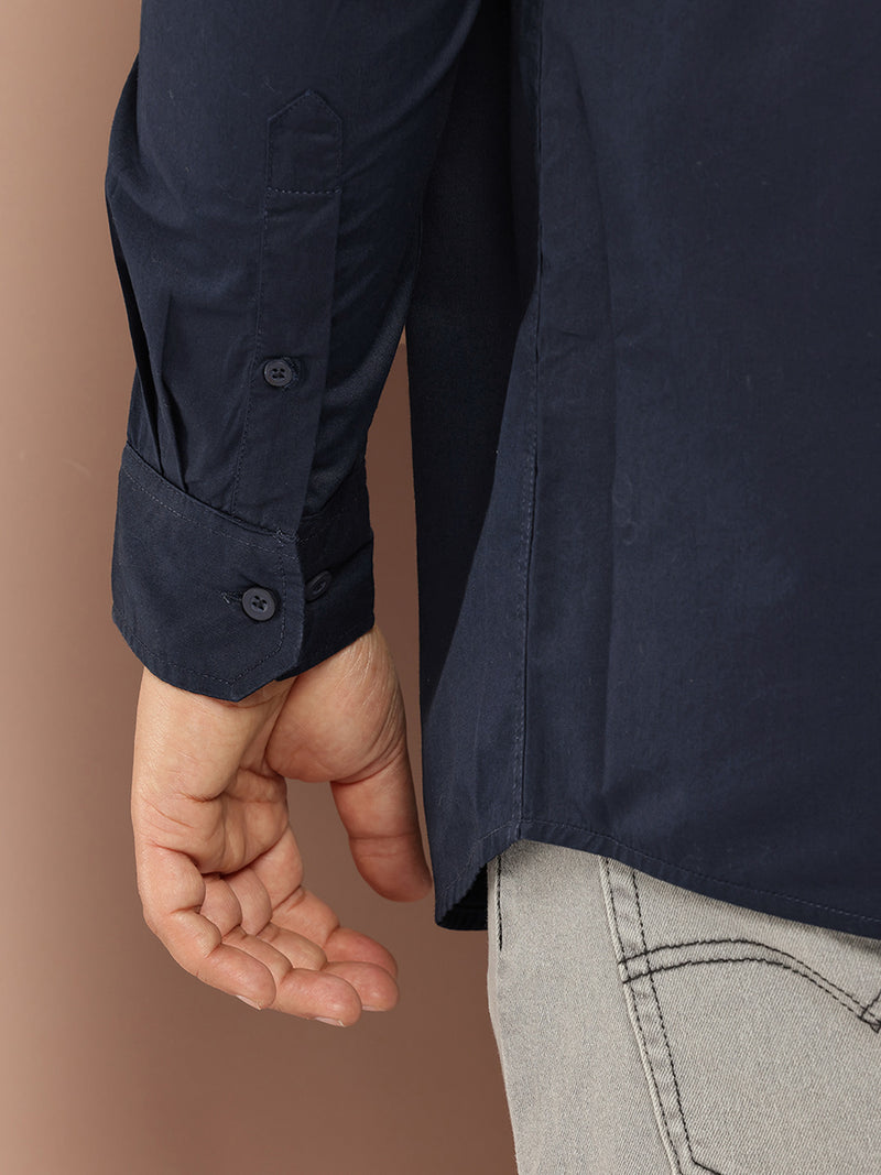 Thomas Scott Men Navy Plus Size Regular Fit Long Sleeves Spread Collar Solid 100% Cotton Casual Shirt