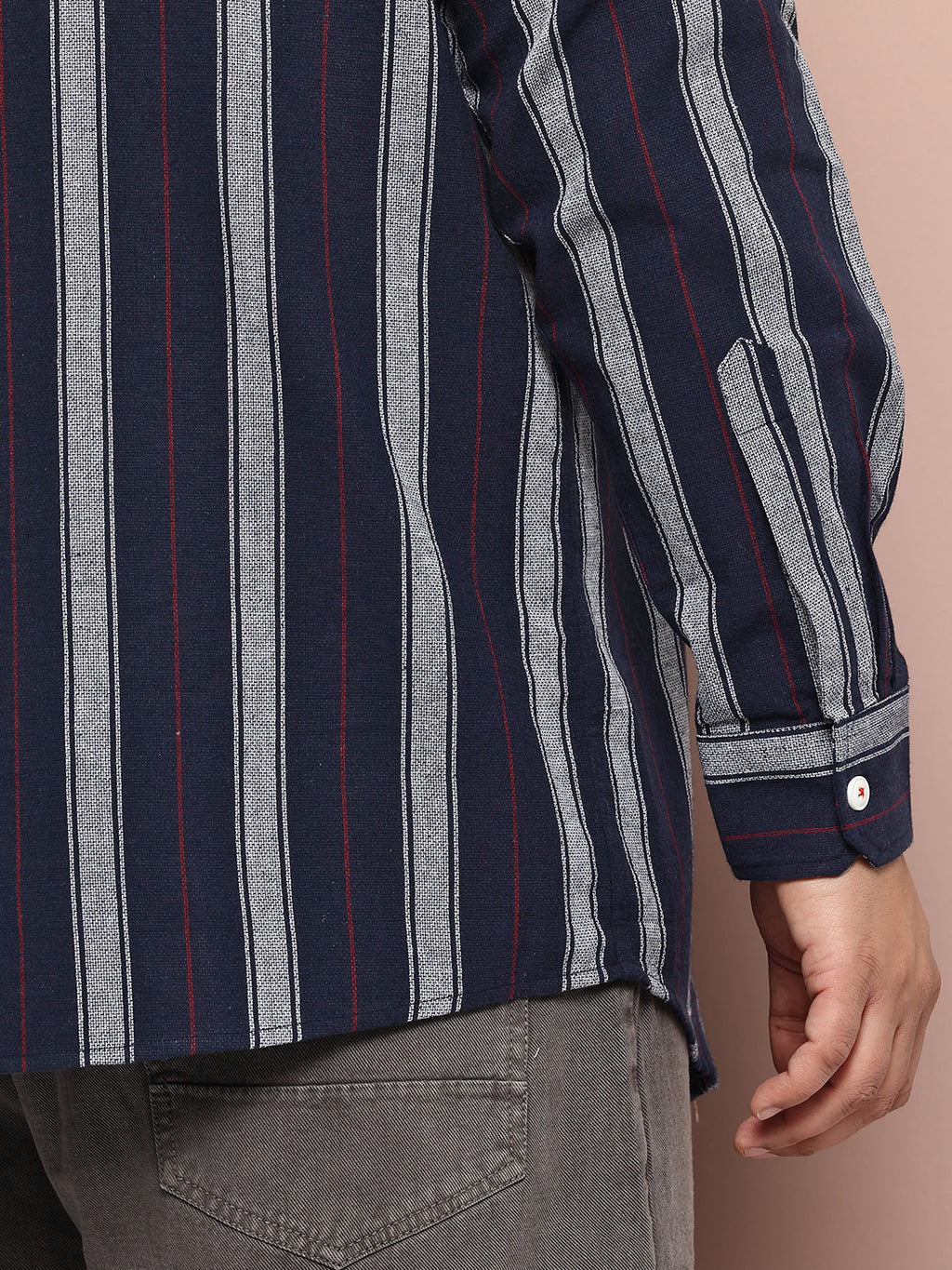 Thomas Scott Men Navy Plus Size Regular Fit Long Sleeves Spread Collar Verticle Stripes 100% Cotton Casual Shirt