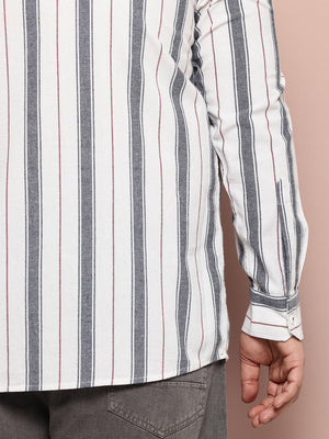 Thomas Scott Men White Plus Size Regular Fit Long Sleeves Spread Collar Multi Striped 100% Cotton Casual Shirt