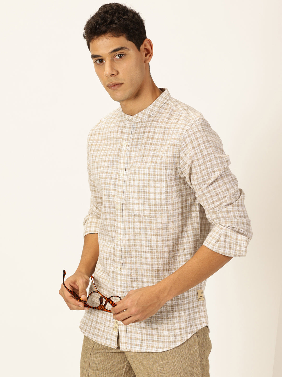 Thomas Scott Men Beige Long Sleeves Slim Fit Mandarin Collar Grid Tattersall Checks Linen Casual Shirt