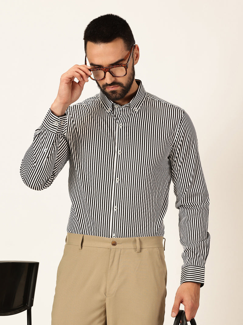 Thomas Scott Men Black Long Sleeves Regular Fit Button-Down Collar Vertical Stripes 100% Cotton Formal Shirt