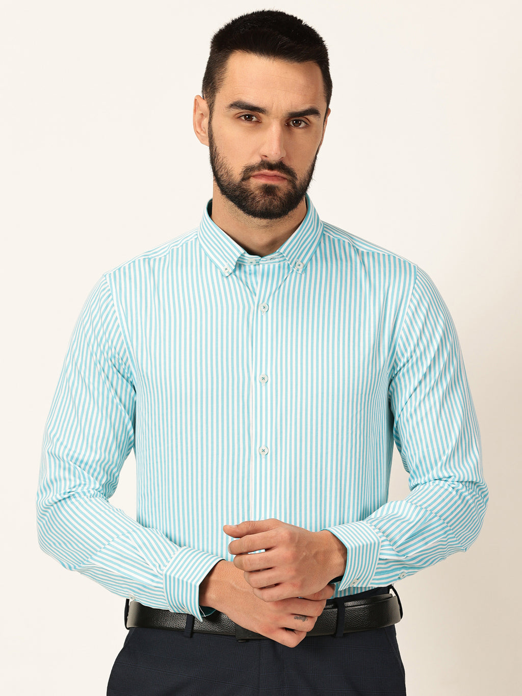 Thomas Scott Men Aqua Regular Fit Long Sleeves Button-Down Collar Pinstripes Cotton Formal Shirt